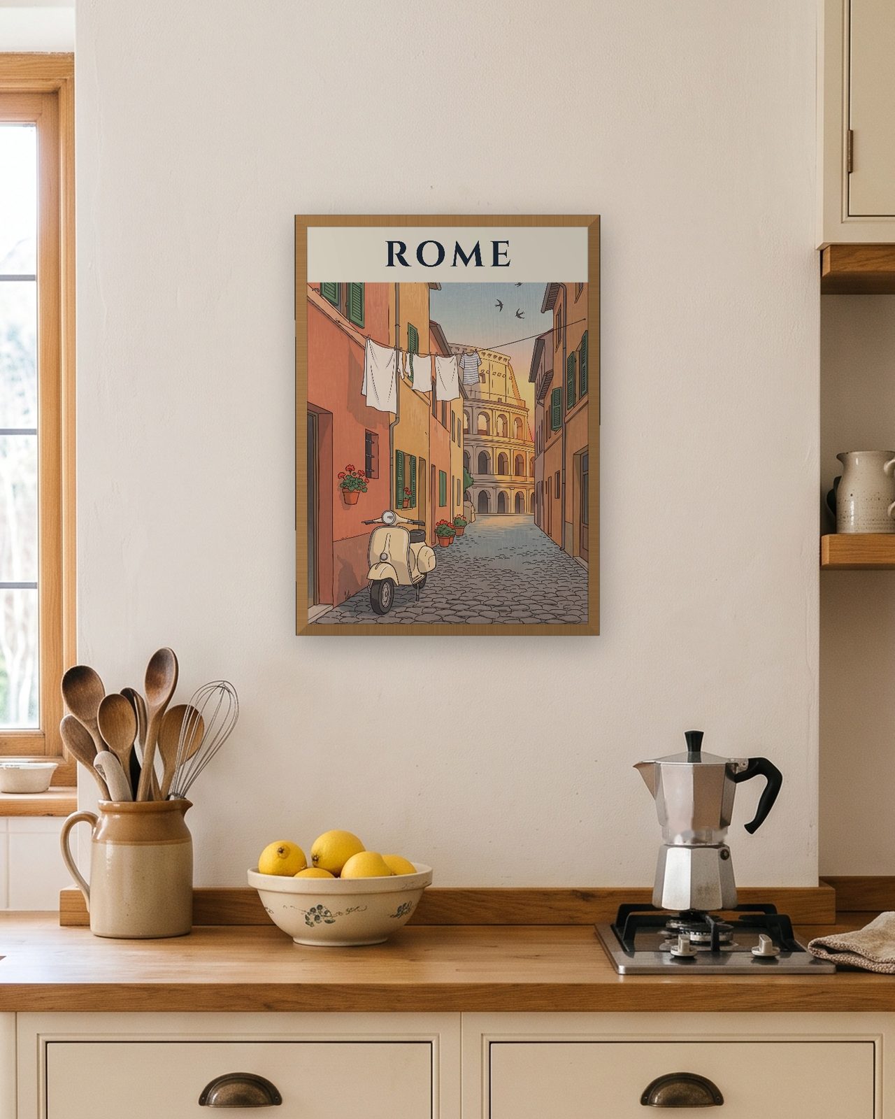 Rome Scooter and Colosseum print, natural oak frame A3 in a bright kitchen