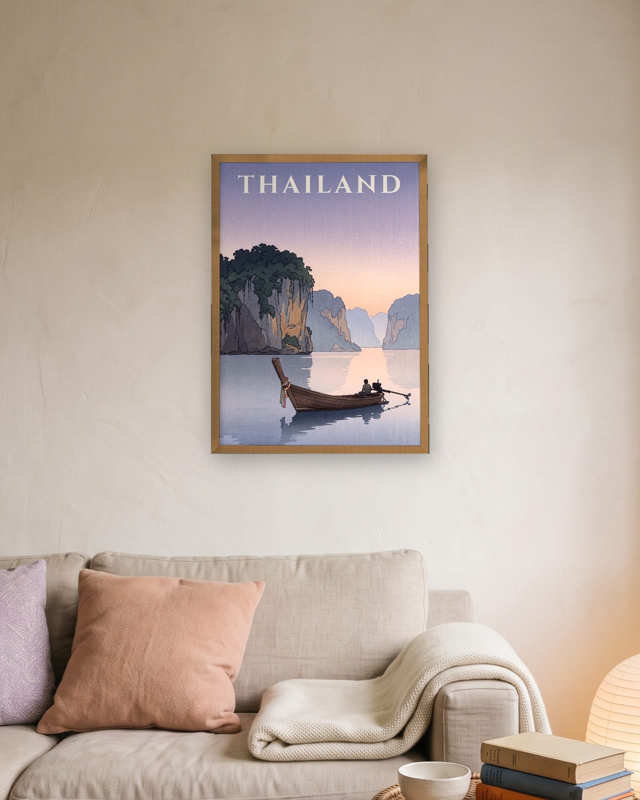 Thailand Longtail Boat print, oak frame A3 above a linen sofa